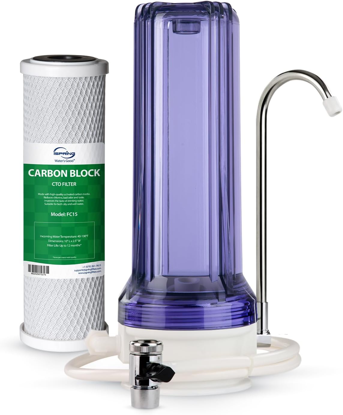iSpring CKC1C Countertop Drinking Water Filtration System with Carbon Filter, 2.5" x 10", Clear