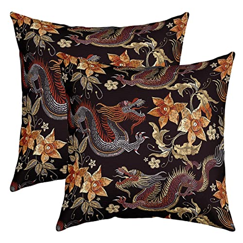 Lot de 2 housses de coussin décoratives réversibles avec imprimé dragon exotique traditionnel pour décoration de salon, style chinois, botanique, floral,...