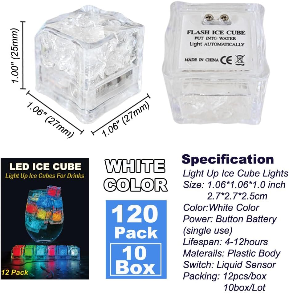 Light Up Ice Cubes for Drinks Reusable, White Lighted Ice Cube Lights with Liquid Sensor,Waterproof Glow in the Dark LED Drink Light for Club Bar Cocktail Wedding Birthday Party Decorations