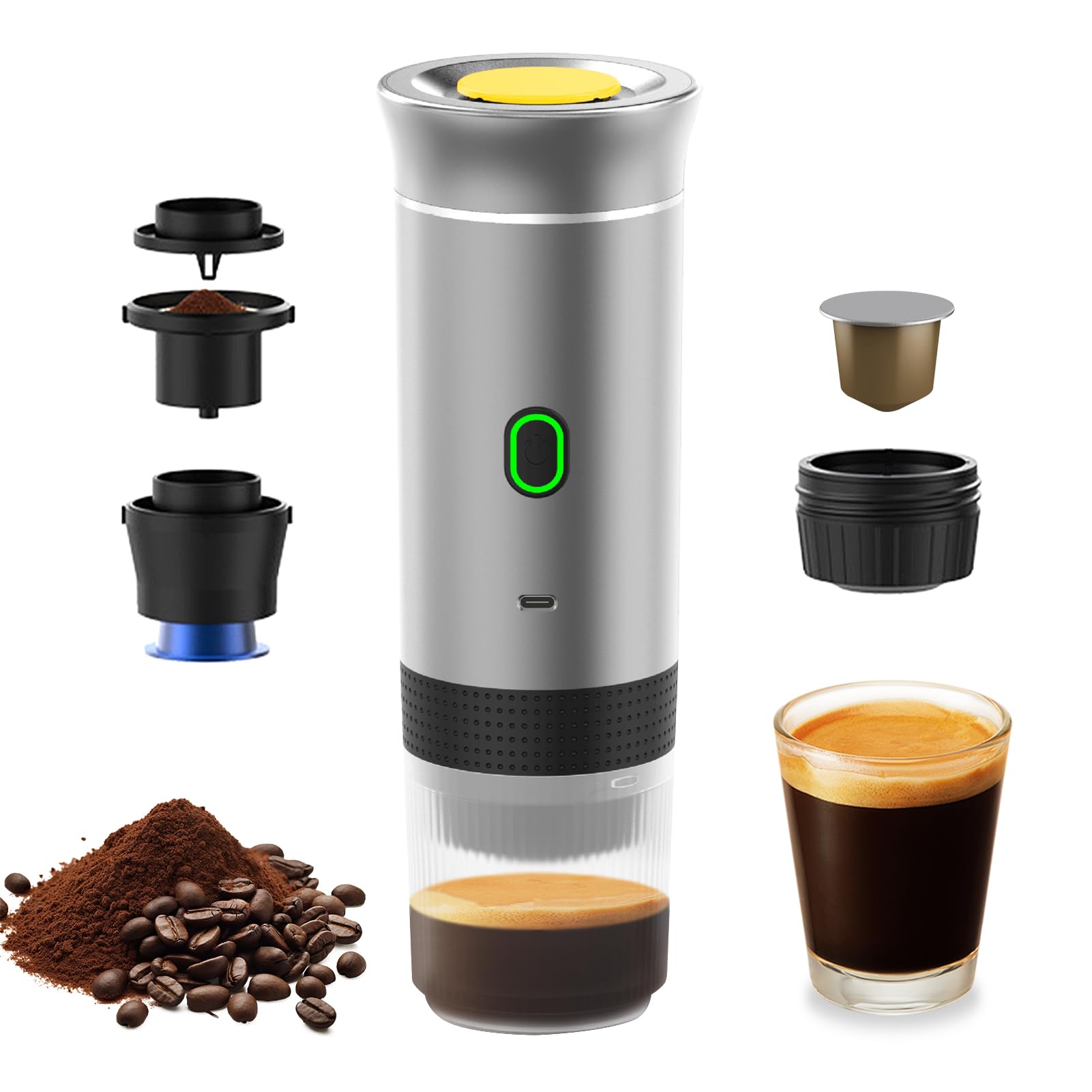 Cafetera Portátil Eléctrica de Cápsulas 3 en 1, Cafetera de Viaje para Camping con cápsulas y café molido, 15 bar y frío y calefacción para coche, casa, viaje