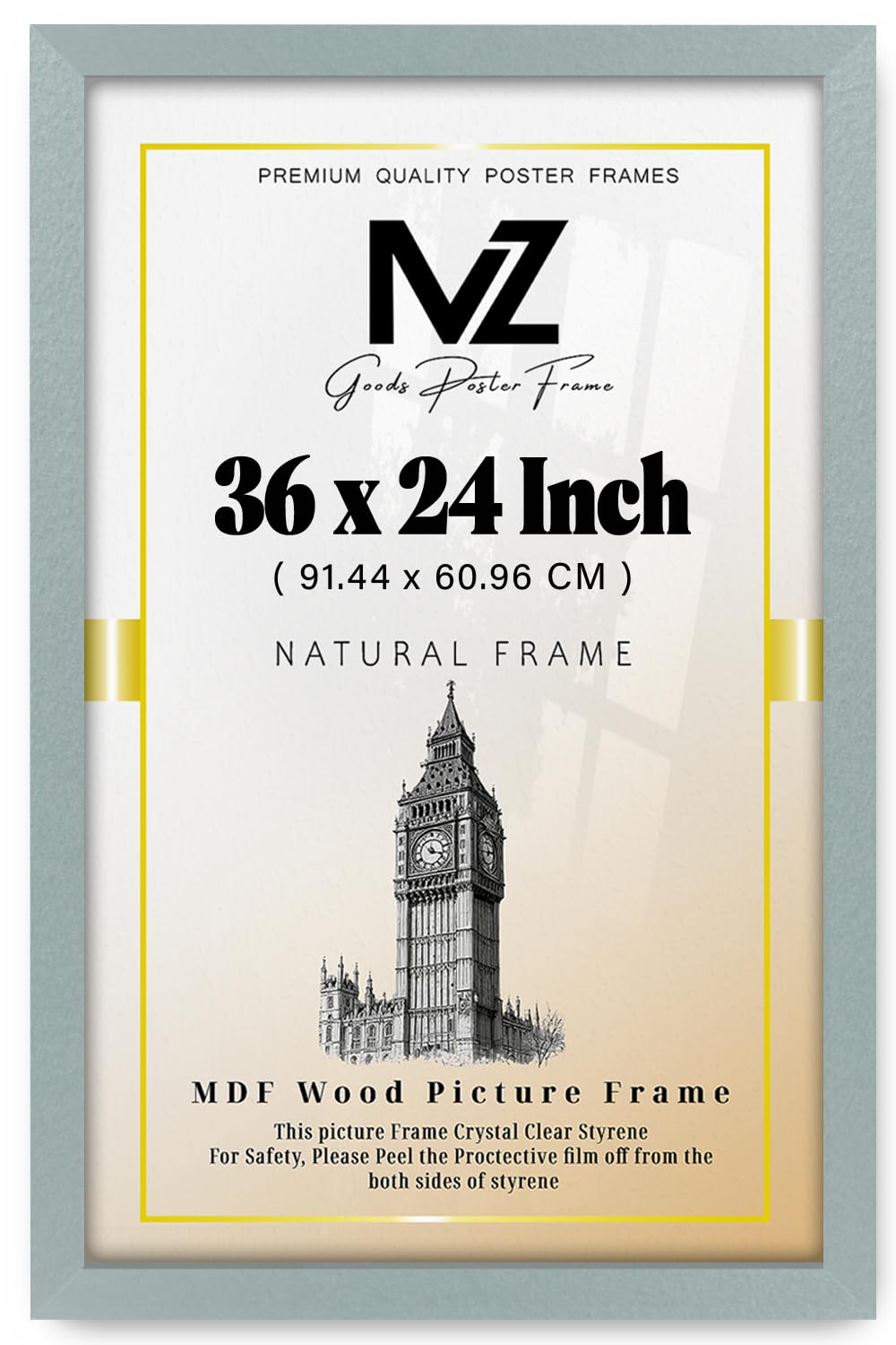 MZ GOODS | MDF Poster Frame (91.44 x 60.96 CM) 36" x 24" for Travel Posters/Pictures & Home Décor, Secure Hooks for Mounting [ Silver ]