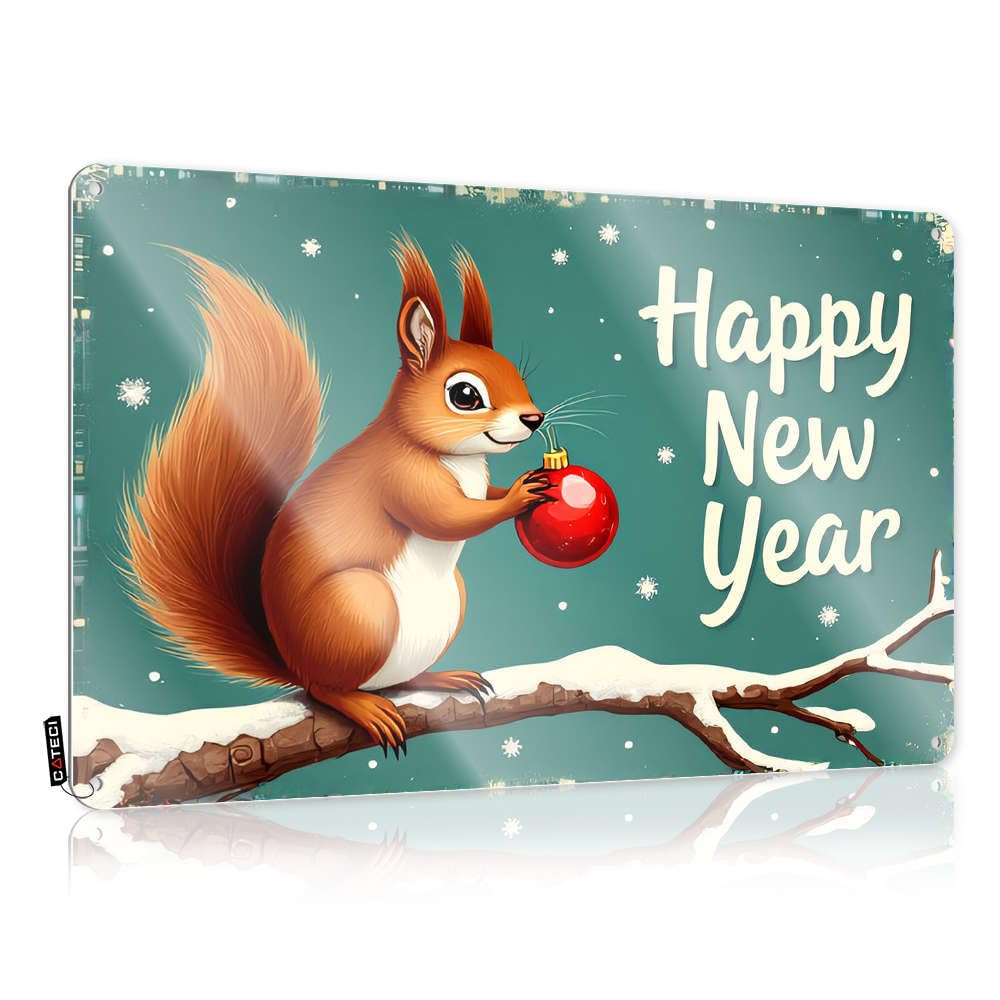 Door Gift For Girlfriend Funny Vintage Signs | A Squirrel Holding A Red Ornament With Happy New Year Written On It Colorful For Dining Living Room(30X40CM)