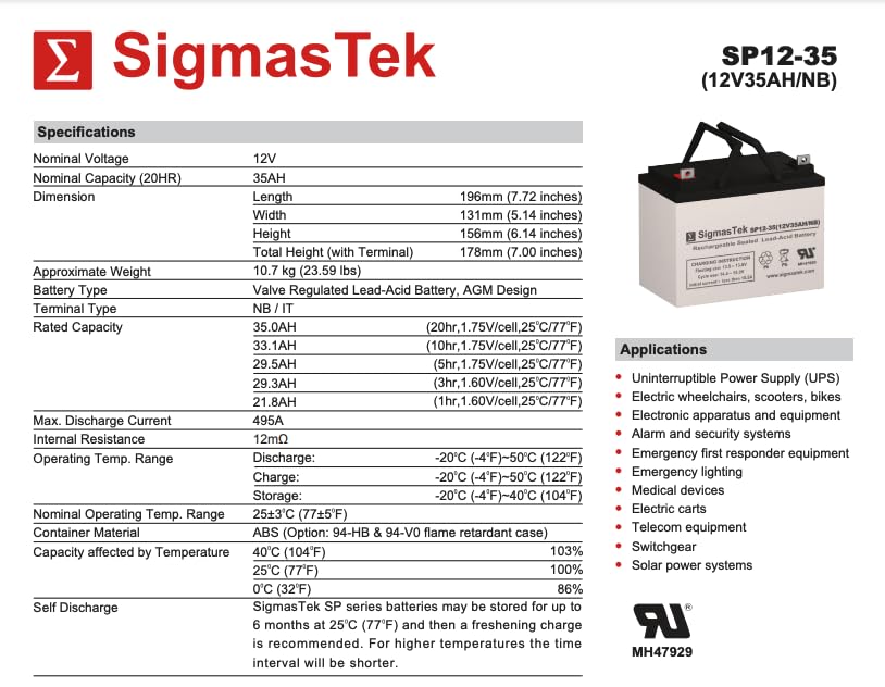 SigmasTek Pride Jet 3 Replacement Battery Set of 2 x 12V 35AH
