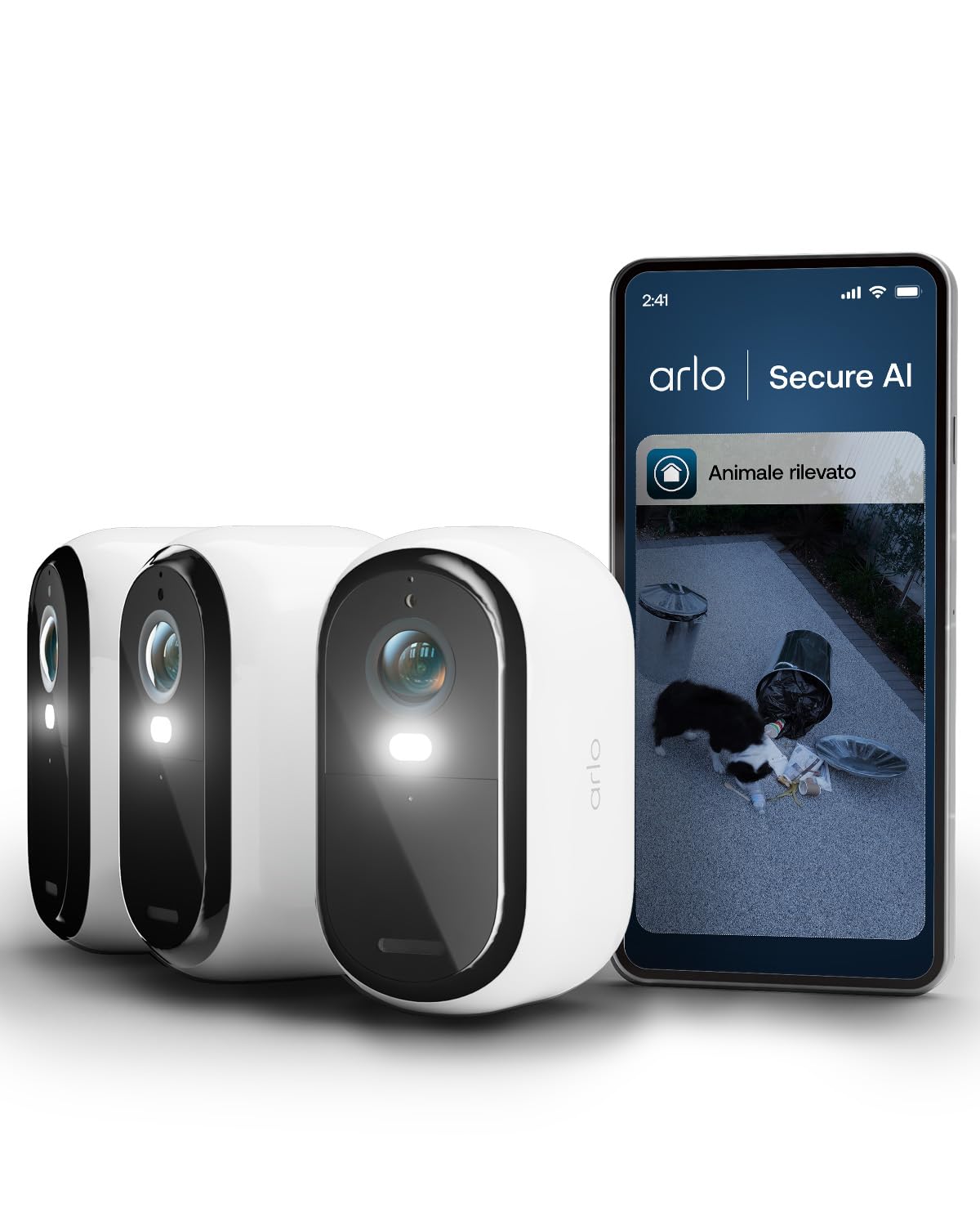 Arlo Essential 3 Telecamera WiFi Esterno Senza Fili, HD, Telecamera WiFi Interno, Sirena Allarme Casa, Sensore Di Movimento, Visione Notturna A Colori, Prova Inclusa Secure, 3 Telecamere, Bianche