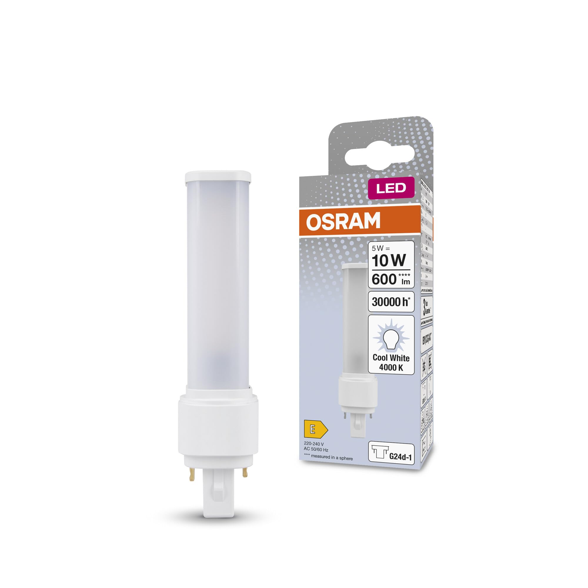 OSRAM DULUX LED D10 EM, G24D-1, 5W, 600lm, 4000K, colore della luce bianco freddo, testa girevole per luce direzionale, sostituzione LED per lampade fluorescenti compatte con attacco G24D-1