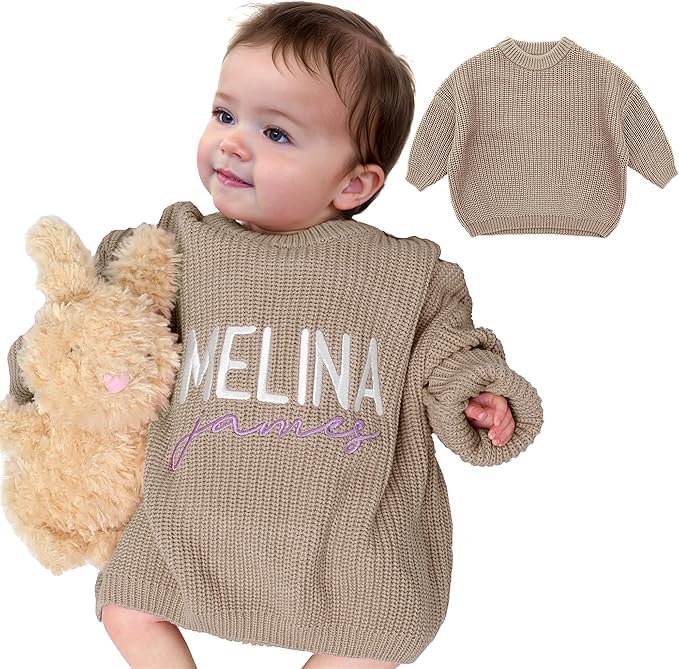 GELLEDI Personalisierter Strickpullover für Babys mit besticktem Namen, individueller Rundhalspullover mit Langen Ärmeln für Kleinkinder, Geburtstagsgeschenk für Mädchen und Jungen