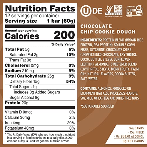 No Cow High Protein Bars, Chocolate Chip Cookie Dough, 21G Plant Based Vegan Protein, Keto Friendly, Low Sugar, Low Carb, Low Calorie, Gluten Free, Naturally Sweetened, Dairy Free, Non Gmo, Kosher, 12 Pack #TOP3