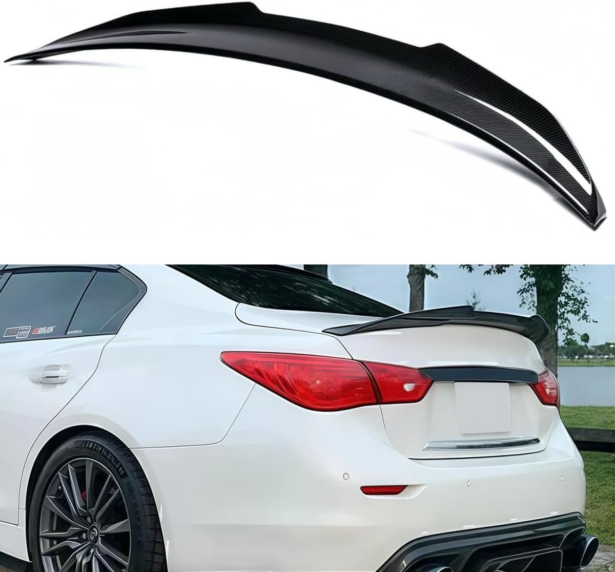 Rear Spoiler Compatible with 2014-2024 Infiniti Q50, Carbon Fiber Pattern PSM Style Duckbill Fits for 14-24 4 Door Sedan, Trunk Exterior High Kick Spoiler Wing Lip