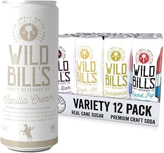 Wild Bill's 12 Flavor Craft Soda Soft Drinks Variety Pack, Root Beer, Strawberry Cream, Cola + MORE, Pure Cane Sugar, NO High Fructose Corn Syrup, Caffeine & Gluten Free, Vegan (12 oz, 12-Pack)