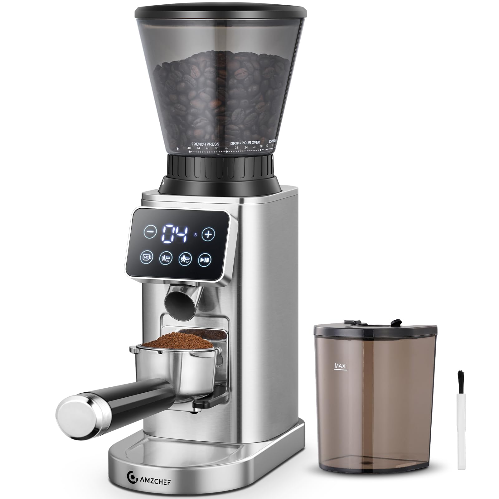 AMZCHEF Electric Coffee Grinder, Burr Coffee Grinders for Home Use, 48 Precise Grind Setting, LED Control Panel, Detachable Portafilter Holder, Matte Silver