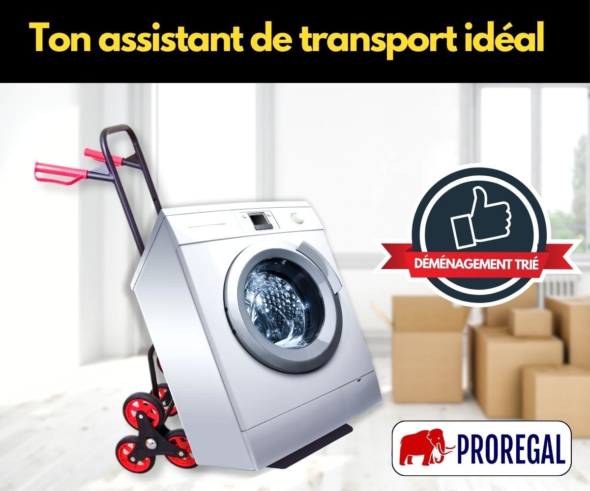 PROREGAL Diable Pro pour escaliers Taurus | HxLxP 110x45x61 cm | Capacité de Charge 150kg | Acier| TPR- Roues Caoutchouc| Rouge-Noir