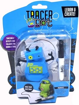 MUKIKIM TracerBot - روبوت حثي صغير باللون الأزرق يتبع الخط الأسود الذي ترسمه. لعبة STEM ممتعة وتعليمية وتفاعلية مع طرق لا حدود لها للعب! يعزز التدريب على المنطق والإبداع