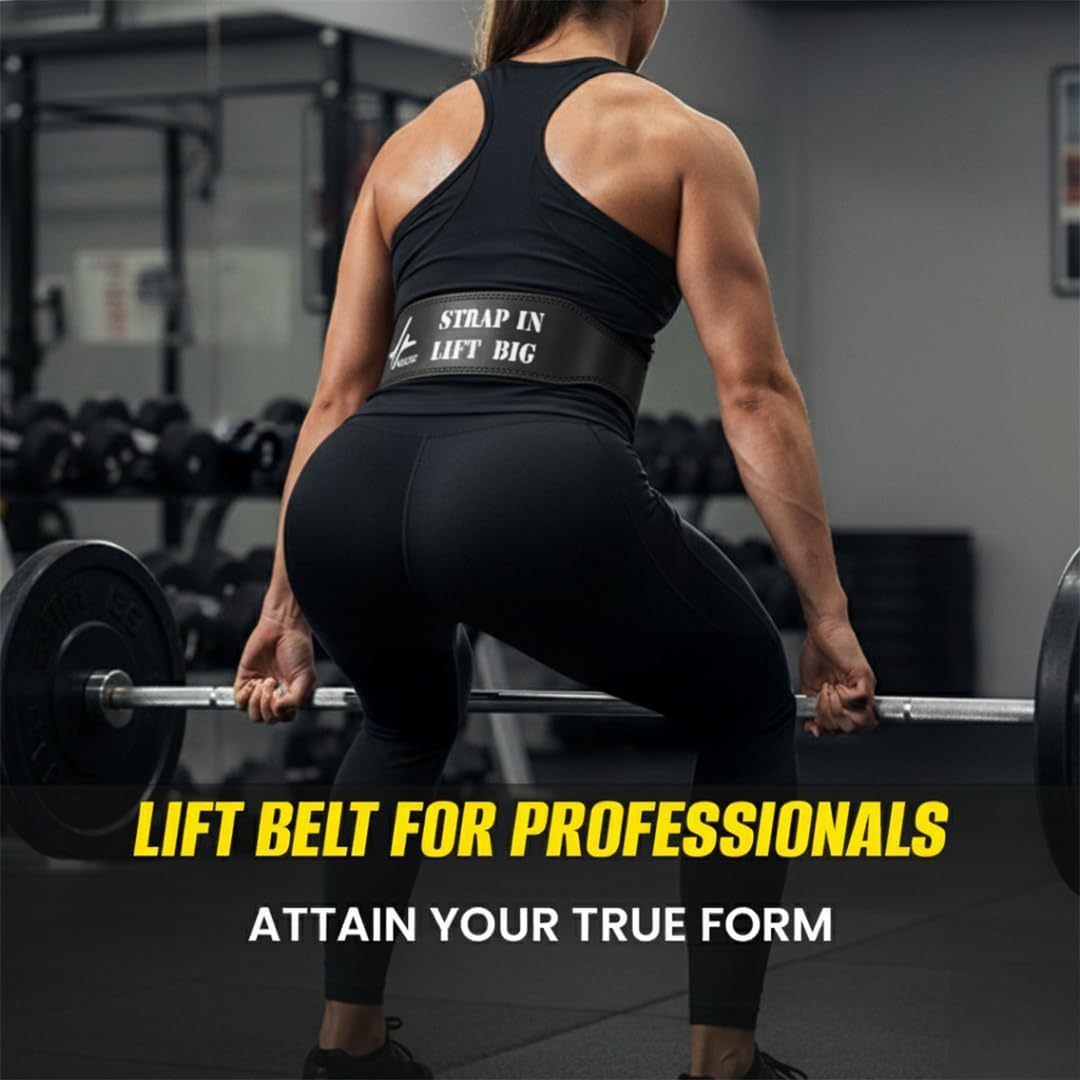 PULSEFIT Weightlifting Belt, Black Leather, Double Prong Buckle, Strap In Lift Big Design