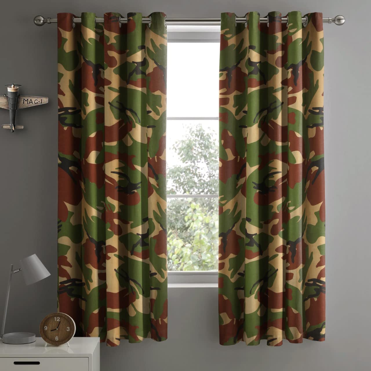 Velosso Camouflage Army Bedding Ringtop Eyelet Lined Curtain Pair (Green, 66" x 54" Ring Top Lined)