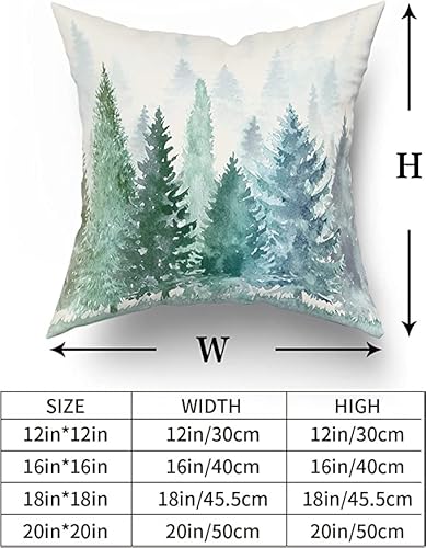 Pine Tree Throw Pillow Covers 18X18 Set Of 2 Watercolor Blue Green Cotton Square Rustic Style Natural Forest Fog Print Decorative Pillowcase Spring Summer Cushion Cover For Home Sofa Bed Outdoor #TOP5