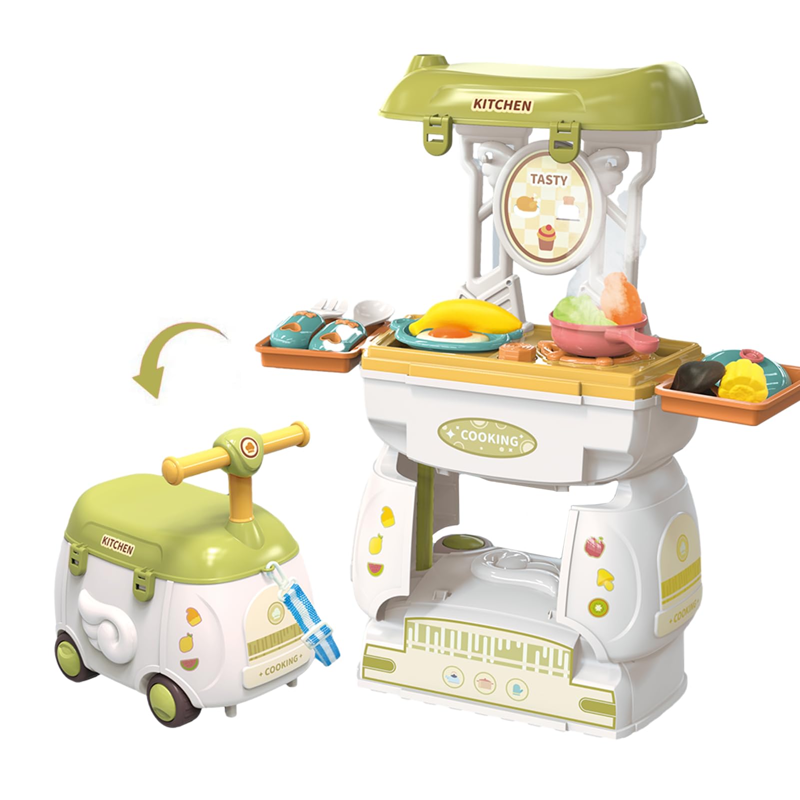 Pretend Play Kitchen Toy，2-in-1 Kids Storage Cart Transforms into a Play Kitchen, Kids Kitchen Playset with 26 Play Food Toys, Toy Kitchen Accessories with Real Sounds for Toddlers, Girls and Boys.