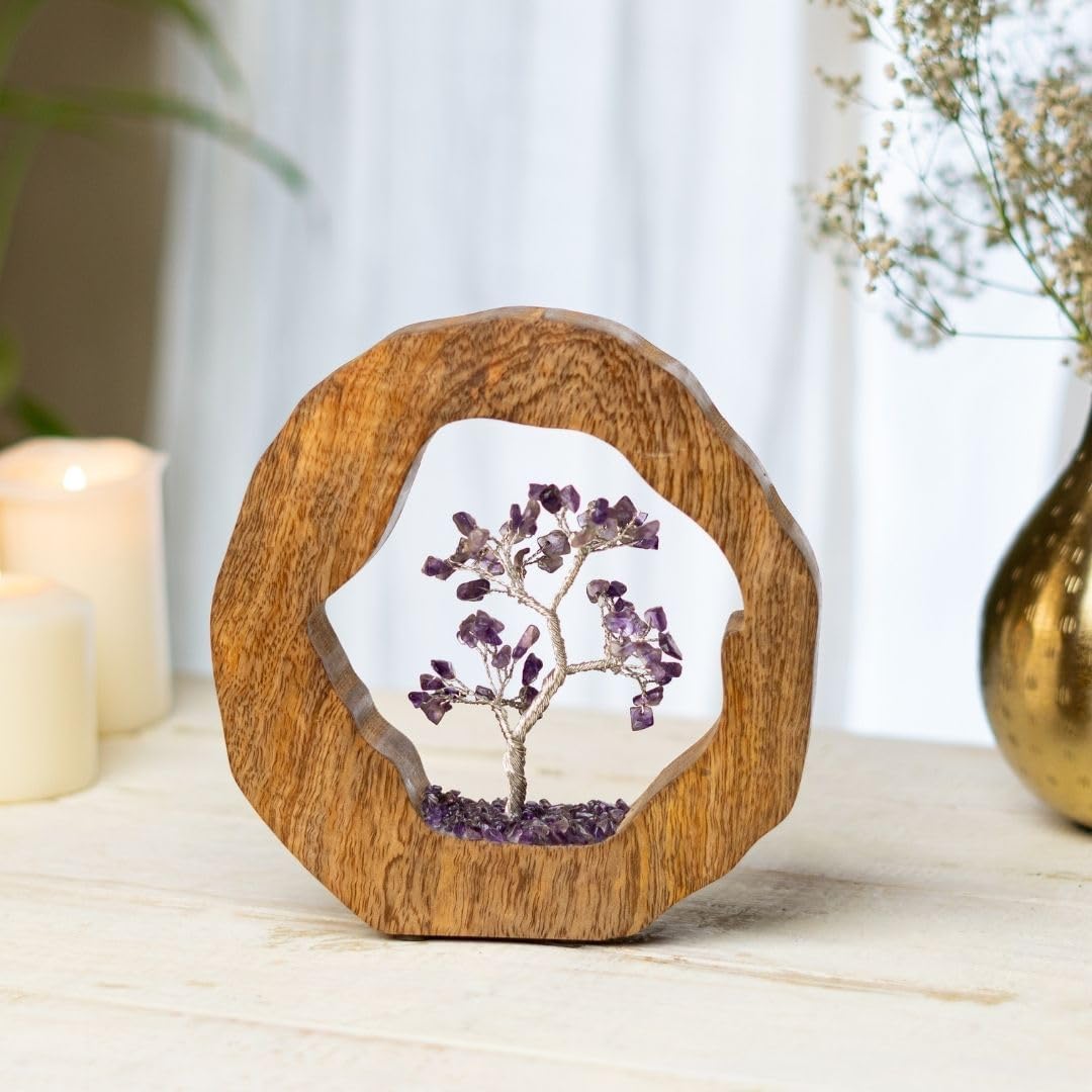 Amethyst Crystal Tree of Life in Wooden Ring - Spiritual Gift for Energy Flow & Chakra Healing, Feng Shui Gemstone Bonsai Tree, Home Decor, Wealth & Luck | Perfect for Gift & Christmas