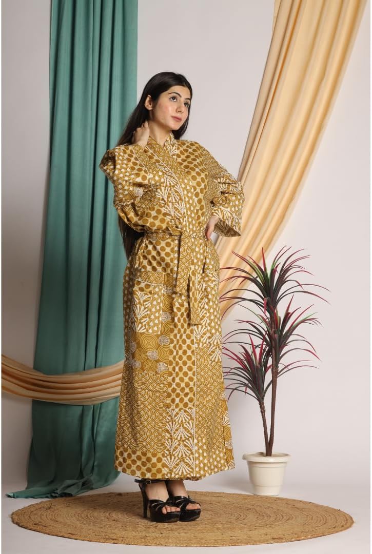 Cotton Long Kimono Robe for Women, Lightweight Soft Bohemian Hand Block Floral Printed Kaftan Bathrobe with Tie Waist for Loungewear, Spa & Resort Wear, Beach - Free Size, Mustard - Image 6