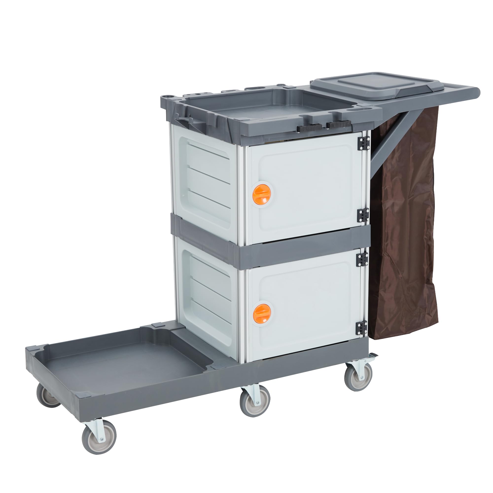 Rolling Cleaning Cart for Housekeeping, Commercial Janitorial Cart On Wheels with 2 Cabinets, Oxford Bag, Open Shelves, Plastic Housekeeping Cart Service Cart for Business Office