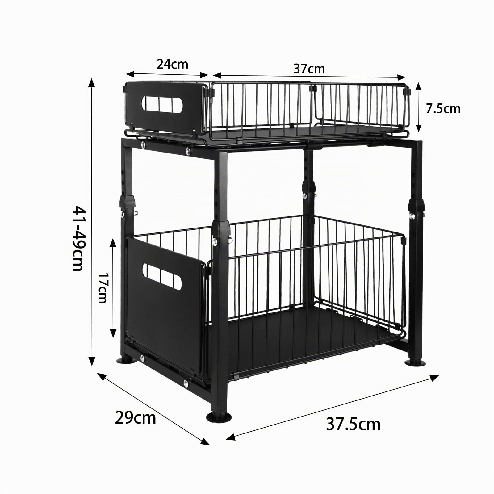 HUOLE Organisateur sous Evier Cuisine, Meuble De Rangement, Rangement Coulissant sous Evier Réglable en Hauteur, pour Cuisine Et Salle De Bain,29 x 38 x 49 cm (Noir)