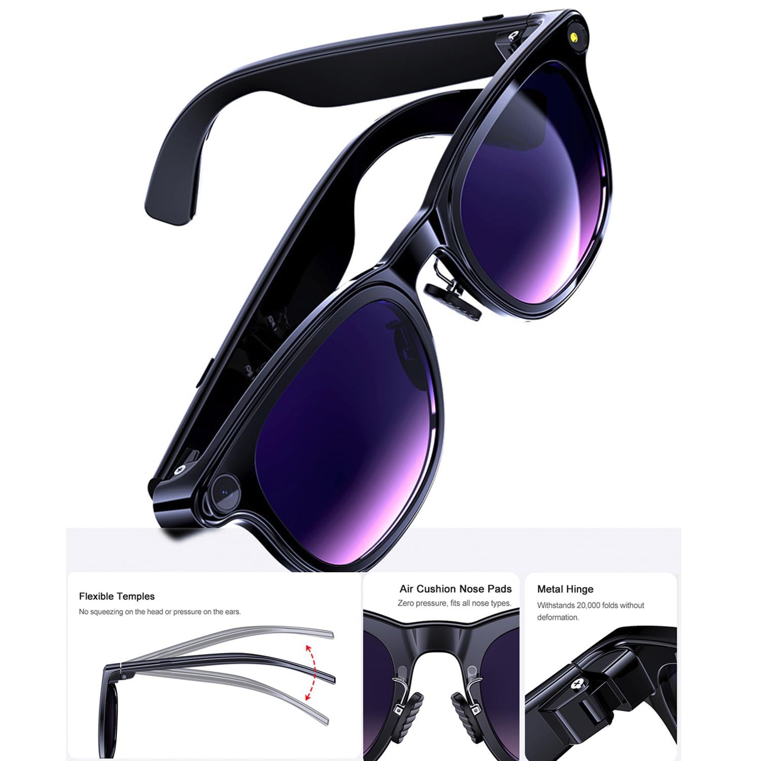 AI Smart Brille mit Kamera, 8MP HD Bluetooth Kamera Brille, 1080P Videoaufnahme Sonnenbrille für Damen Herren, Echtzeitübersetzung, Sprachassistent, Open-Ear Audio für Reisen, Meetings & Vlogging