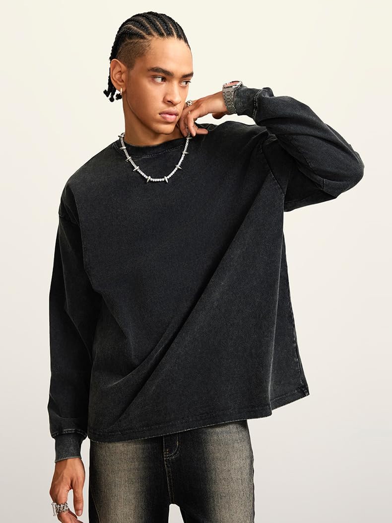 Oversized T-Shirts for Men Crewneck Long Sleeve Cotton Tees Vintage Acid Boxy Basic Teen Tops
