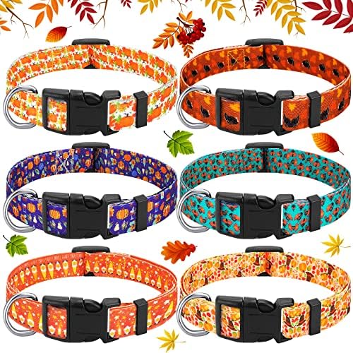 Tondiamo 6 Pcs Thanksgiving Fall Dog Collar for Puppy Extra Small Medium Large Dogs Nylon Adjustable Lightweight Basic Cat Collars Pumpkin Maple Leaf Patterns Safety with Plastic Buckle(Small)
