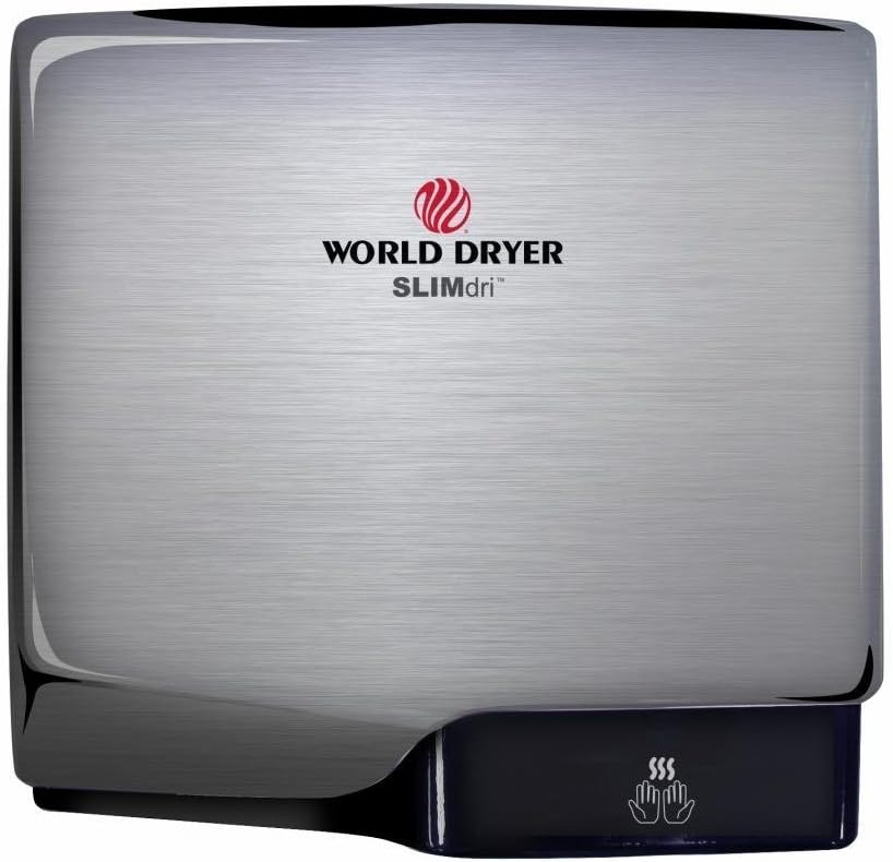 Slimdri World Dryer L-971 Brushed Chrome ADA Compliant Hand Dryer, High Speed, Electric, 110-240 Volt, Cool or Warm Air Option, Energy Efficient, Fast 10-15 Second Dry Time,10 Year Warranty