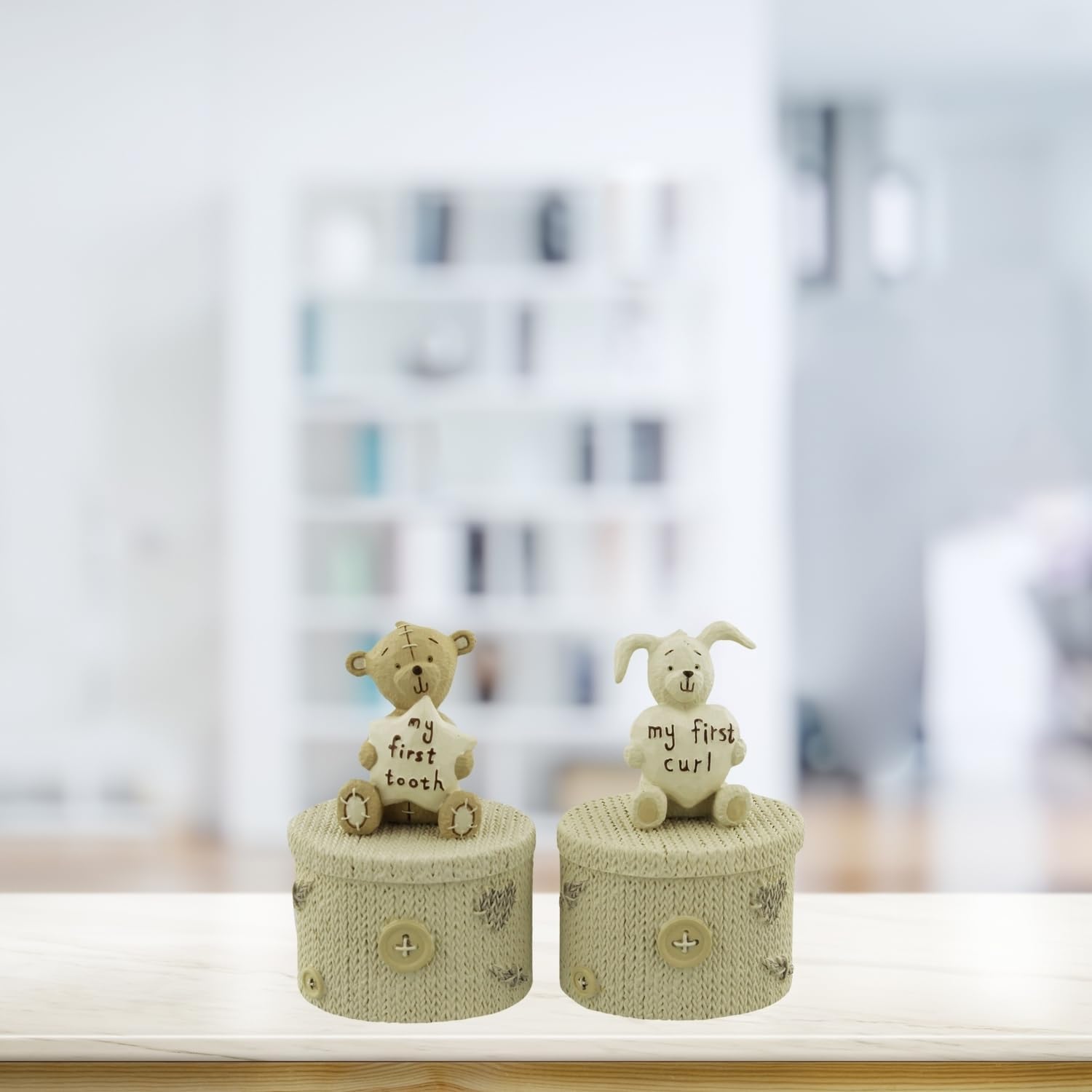 Resin First Tooth and First Curl Set Christening Rabbit & Teddy Trinket Boxes CG752