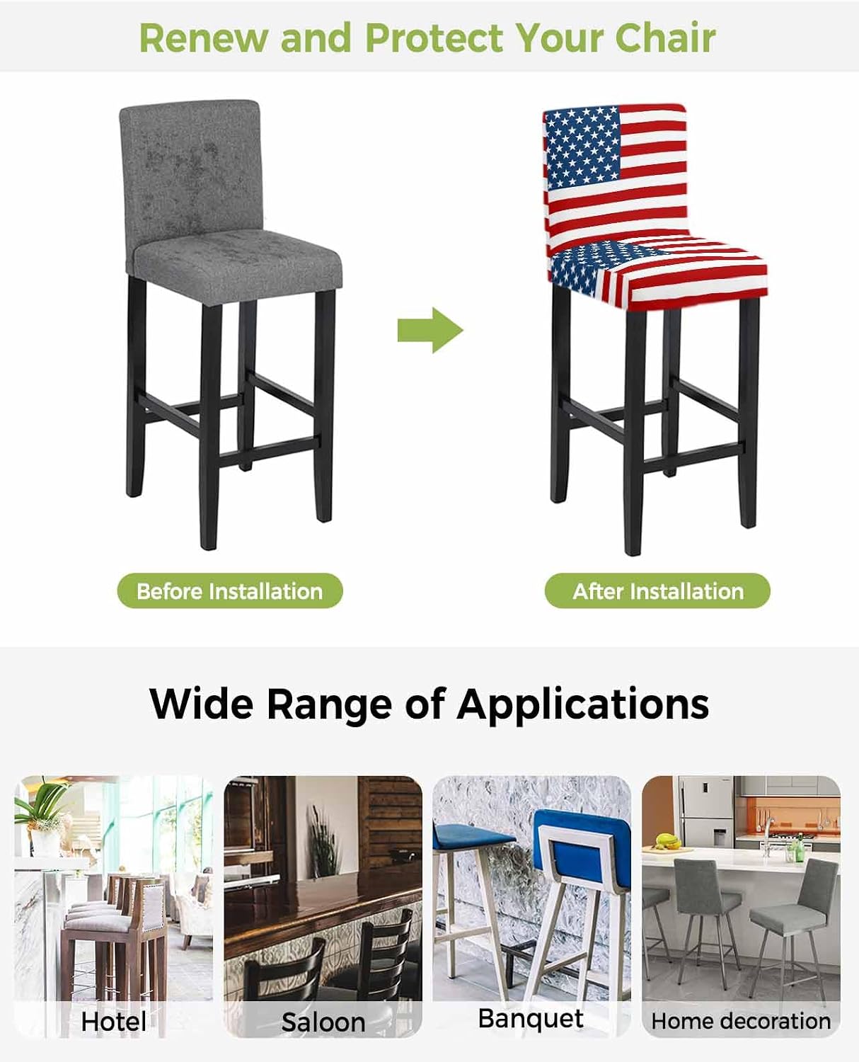 American Flag Bar Stool Covers Set of 4, Blue Red USA Flag Stretch Washable Bar Chair Covers with Backs, Removable Pub Counter Height Chair Cover for Kitchen Dining Room Cafe