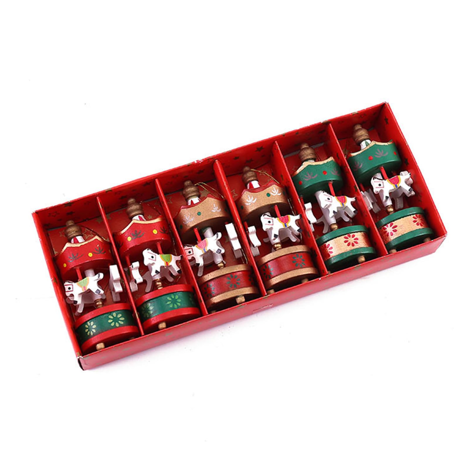 Of 6 Wood Carousel Horse Decorations, Handcrafted Festive Hanging Ornaments for Kids Tree Home Desk Wood Christmas Decorations