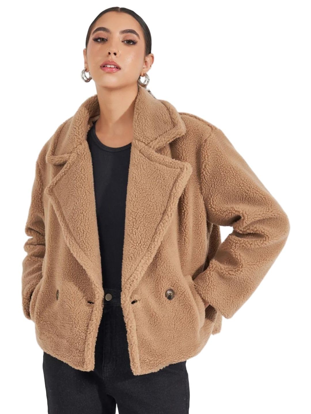styli Women Solid Single-Breasted Notched Lapel Collar Coat |Faux Fur A-Line Coat Standard Length Jackets| Stylish Outfit for Women | Perfect for Casual, Party & Everyday Wear-picture-29