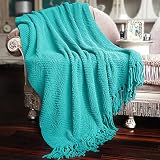 Home Soft Things Blue Throw Blanket Knitted Tweed Throw 60'' x 80'', Baltic Blue, Super Soft Cozy Wa
