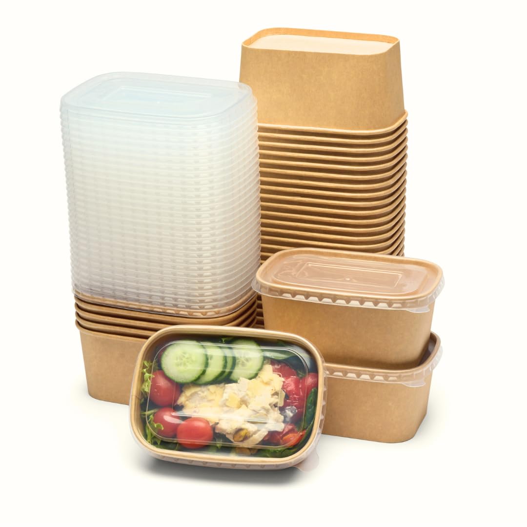 London Coffee Cups 1000ml / 35oz Kraft Takeaway Food Containers with Lids, Rectangular Disposable Paper Food Boxes for Hot Meals, Meal Prep, Catering, Delivery and Restaurants, Pack of 100