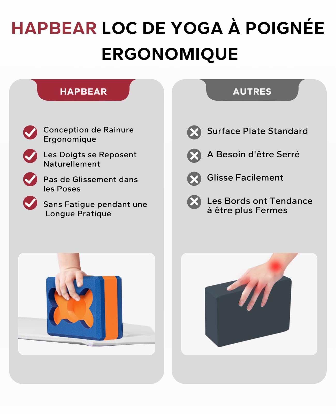 HAPBEAR Lot de 2 Blocs de Yoga - 22,8 x 15 x 7,6 cm Mousse EVA Haute Densité avec Surface Texturée Antidérapante, Pour les Étirements Profonds et les Exercices Légers