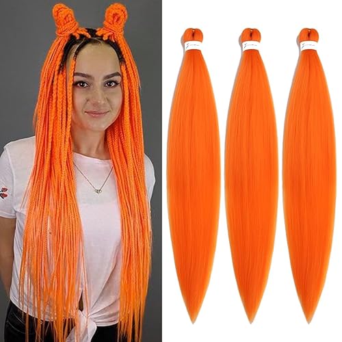 Cabello trenzado preestirado de 26 pulgadas, 3 paquetes de cabello sintético para trenzar naranja, cabello sintético con ajuste de agua caliente