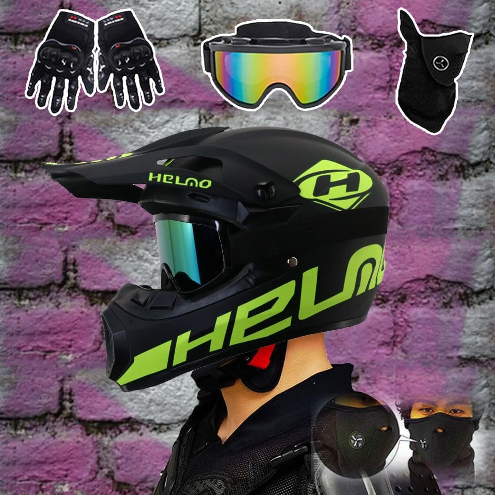 Casco Integrale da Moto Per Bambini E Adulti, Per Moto da Cross Elettrica, Quad, BMX, MTB, Fuoristrada, con Occhiali, Guanti E Maschera, Omologato DOT