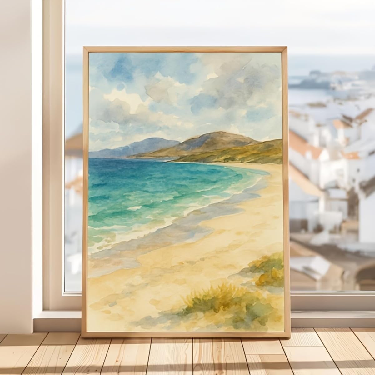 IXEHOH Quadro su Tela Paesaggio Spiaggia Serena, Stampa Artistica Costa Oceano, Decorazione Parete Verticale Estetica per Soggiorno Camera da Letto Ufficio, Sabbia Blu 60x90cm