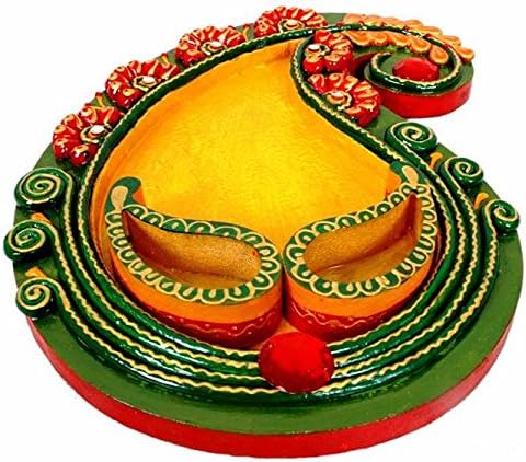 Handmade Paper Mache Thahi or Plate with Built in Bowls in Paisley Shape