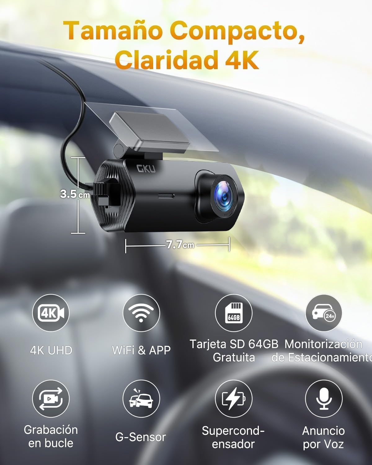 GKU 4K Dashcam WiFi con Tarjeta 64GB, Dash CAM Coche UHD 2160P, Cámara Coche Gran Angular 170°, Visión Nocturna WDR, App, Sensor G, Grabación en Bucle, Aparcamiento 24H, hasta 256GB