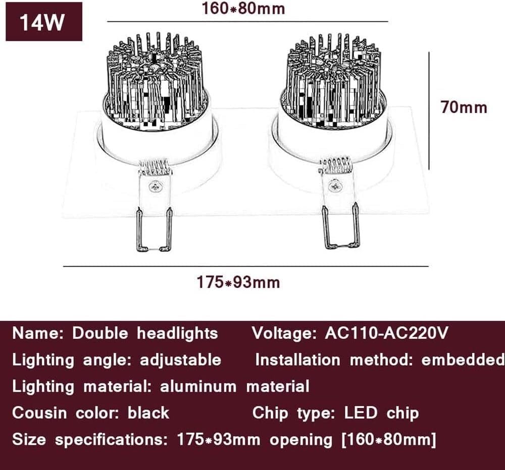 Lampada da soffitto da incasso, faretto da incasso rettangolare nero, lampade retrofit a doppia testa(10w,3000K)