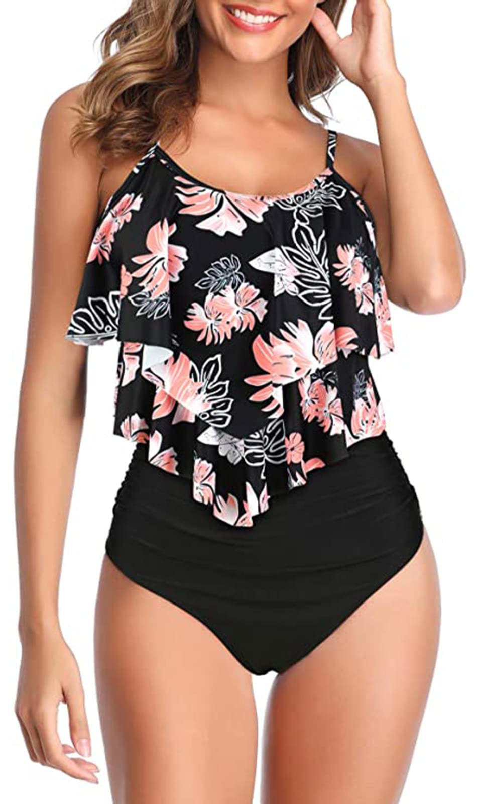 Genfien Maillot de Bain Deux Pièces pour Femme Haut à Volants et Bas Taille Haute Push Up Bikini Taille Haute Vintage Bikini Ensemble