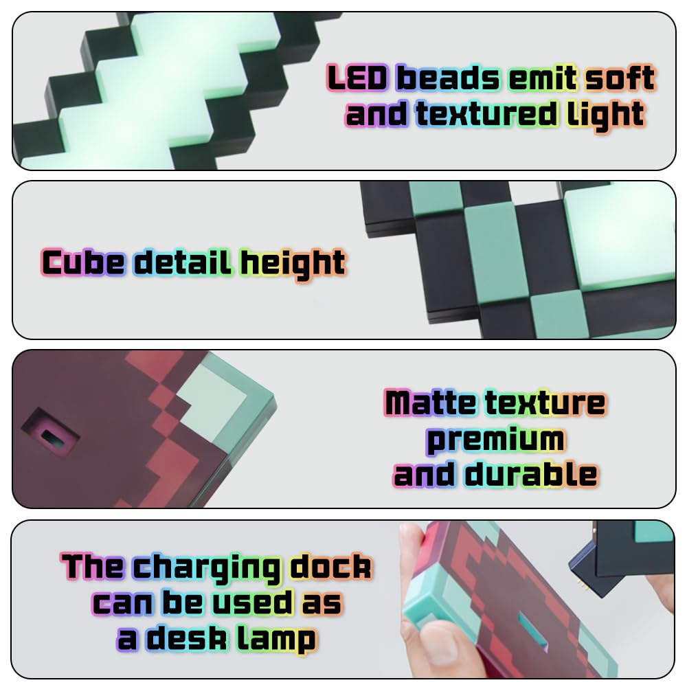 Diamantschwert Licht, 15in Nachtlicht Lampe für Gaming, Pixel Schwert mit 16 Einstellbare Farbmodi, USB wiederaufladbar für Nachttischlampe, Geschenk für Gamer