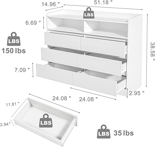 Miniatura 2 de GOSROMS Cómoda doble blanca de 6 cajones, cajoneras decorativas con luz LED, cómoda de almacenamiento blanca moderna para dormitorio, habitación de