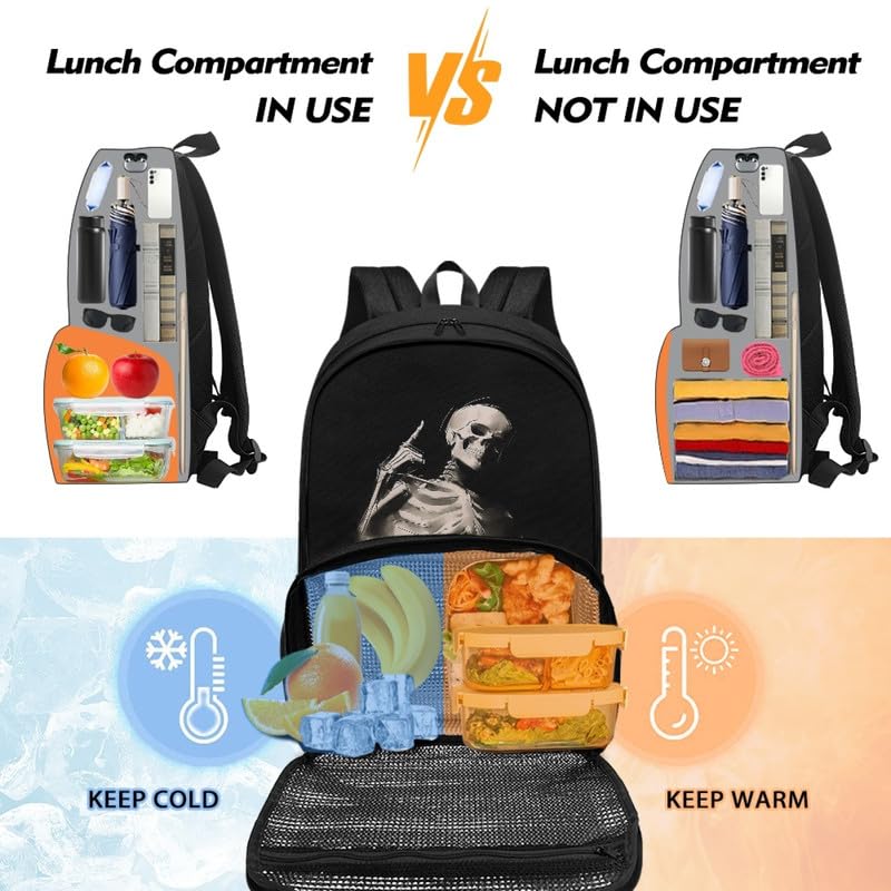 Halloween Skeletons Print Large Travel Backpack for Women Men Funny Black White Skull 17 Inch Insulated Cooler Backpack Gothic Adult Lunch Box Bookbag3