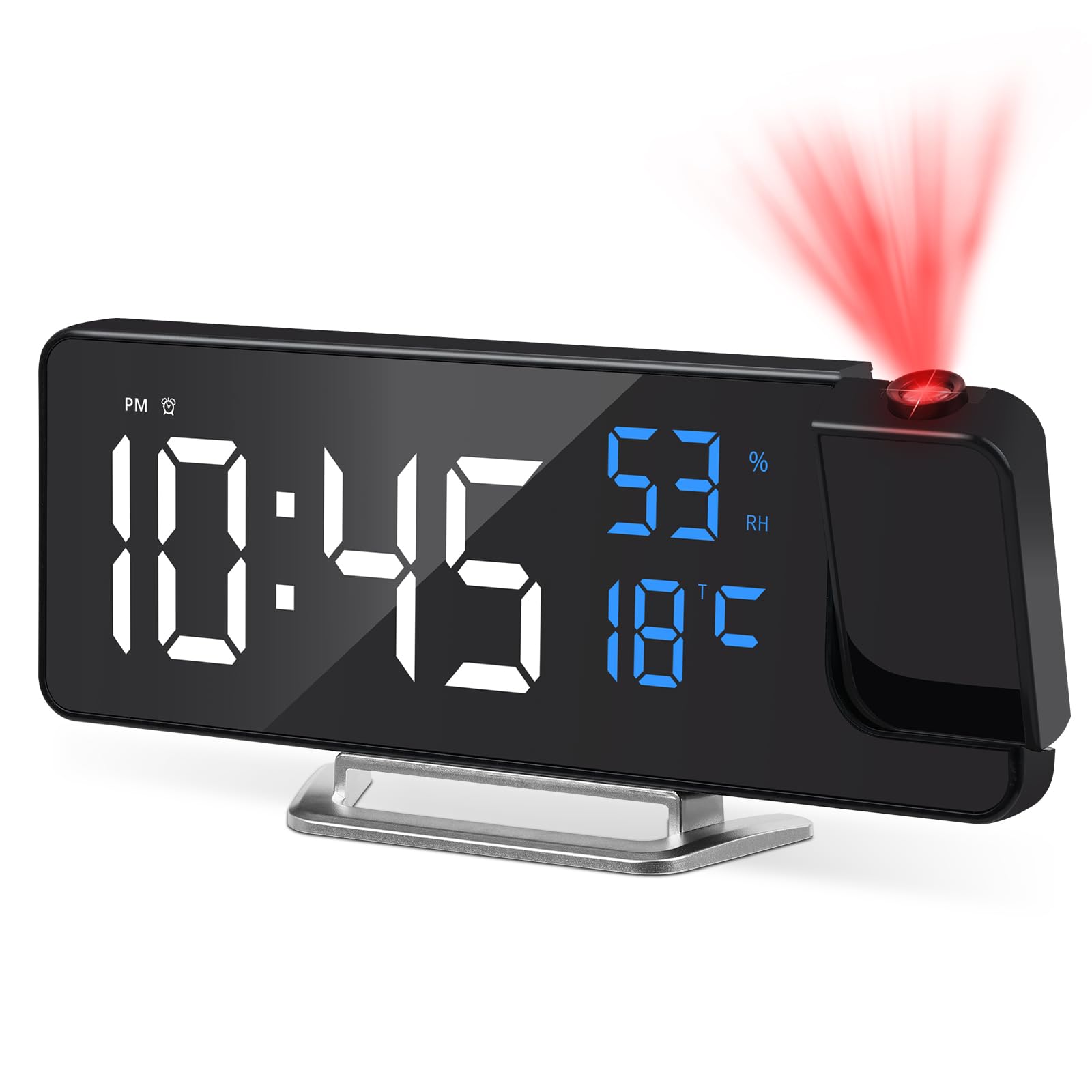 Cuteefun Reloj Despertador Digital con Proyector, Pantalla LED de 8", Temperatura y Humedad, Snooze, 12/24H, Brillo Ajustable, Reloj Proyector Techo para Dormitorio, Números de Azul