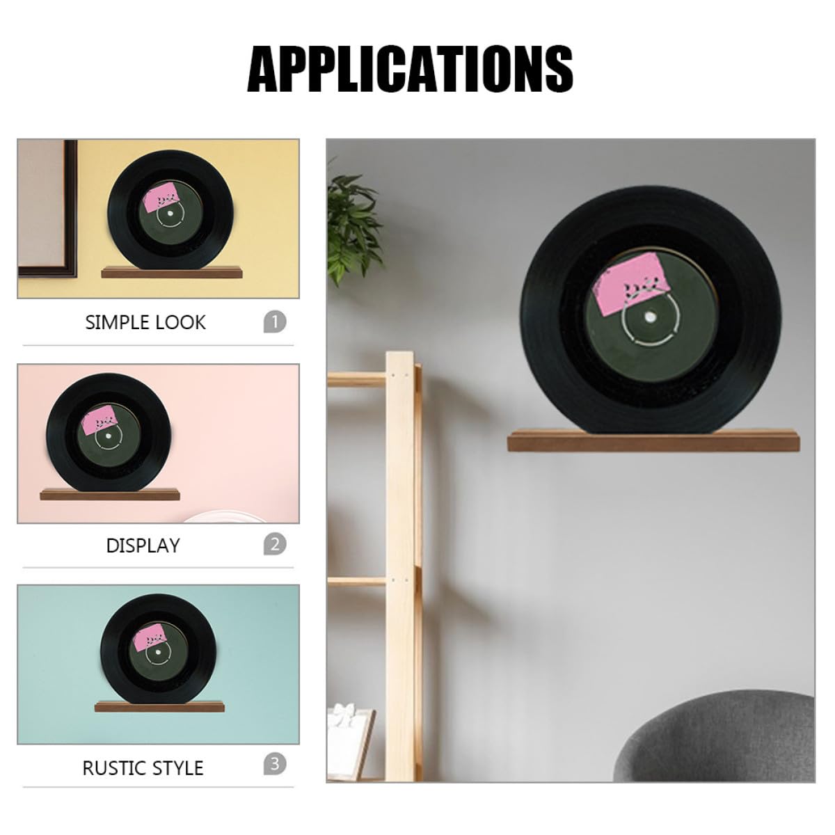 Toyvian Présentoir pour Disques Vinyles en Bois, Lot de 3 Pièces, Support Mural Décoratif et Organiseur de Vinyles pour Salon ou Chambre, Design Simple et Rustique