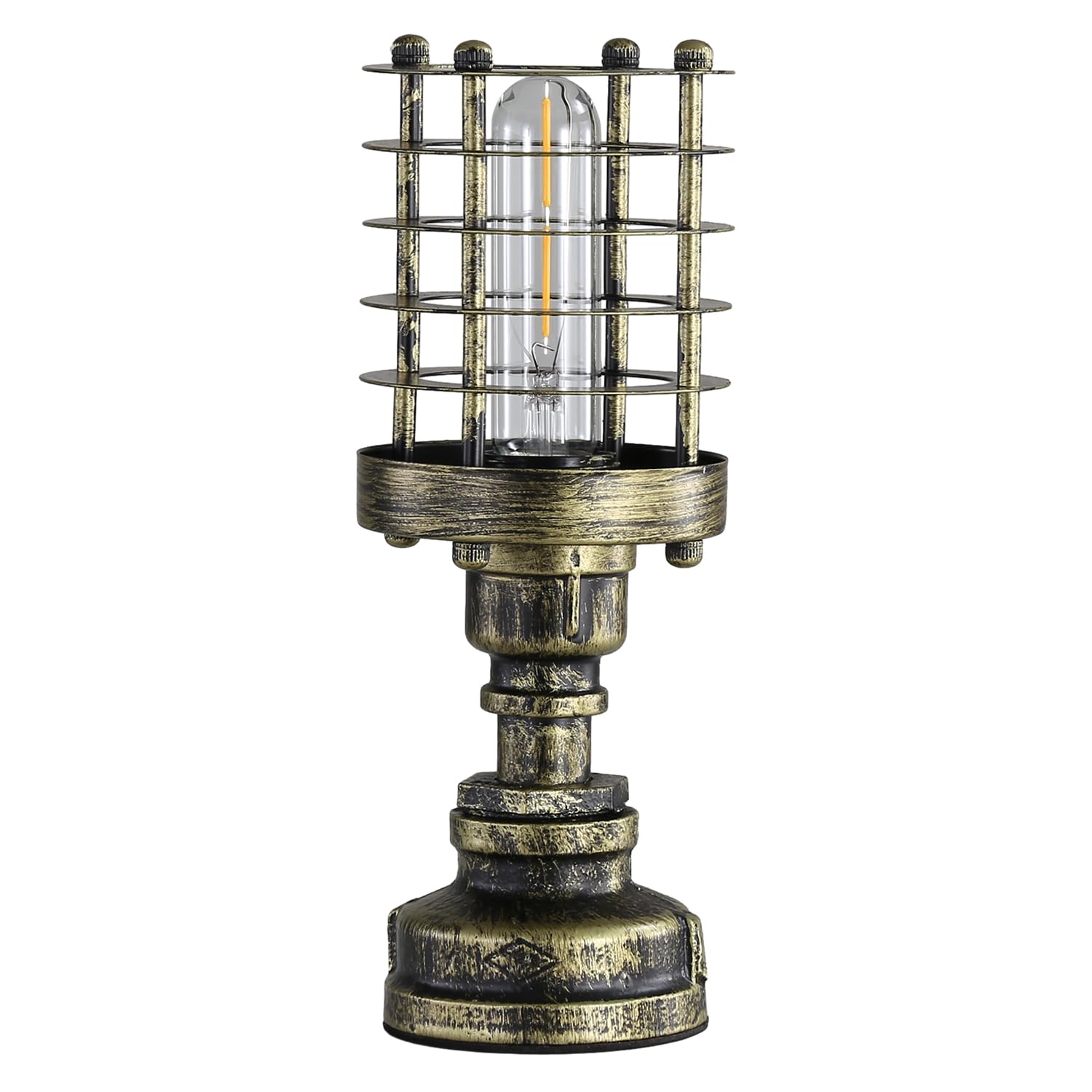 Kaj Hejmo Vintage Table Lamp with Lampshade Ring, Industrial Water Pipe Edison Desk Lamp, Steampunk Light E27 Bedside Table Lights Bedroom Living Office Home Decor (Upright, Cylinder-Bronze)