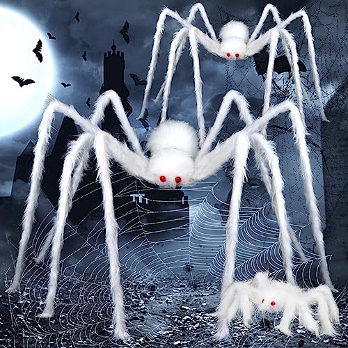 FOIMAS 3pcs Halloween Realistic Hairy Spider,Large White Scary Spiders Prop for Lawn Yard Wall Indoor Outdoor Halloween Party Decoration,59',35',12'