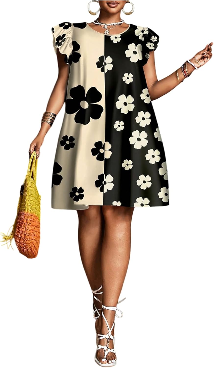 Floerns Women's Plus Size Floral Cap Sleeve Sundress Crew Neck Vacation Tunic Dresses